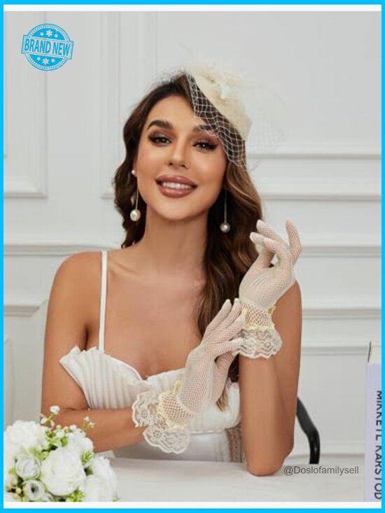Vintage Pillbox Derby Fascinator Hat Feathered Hair Clip Lace Gloves Set main image 6
